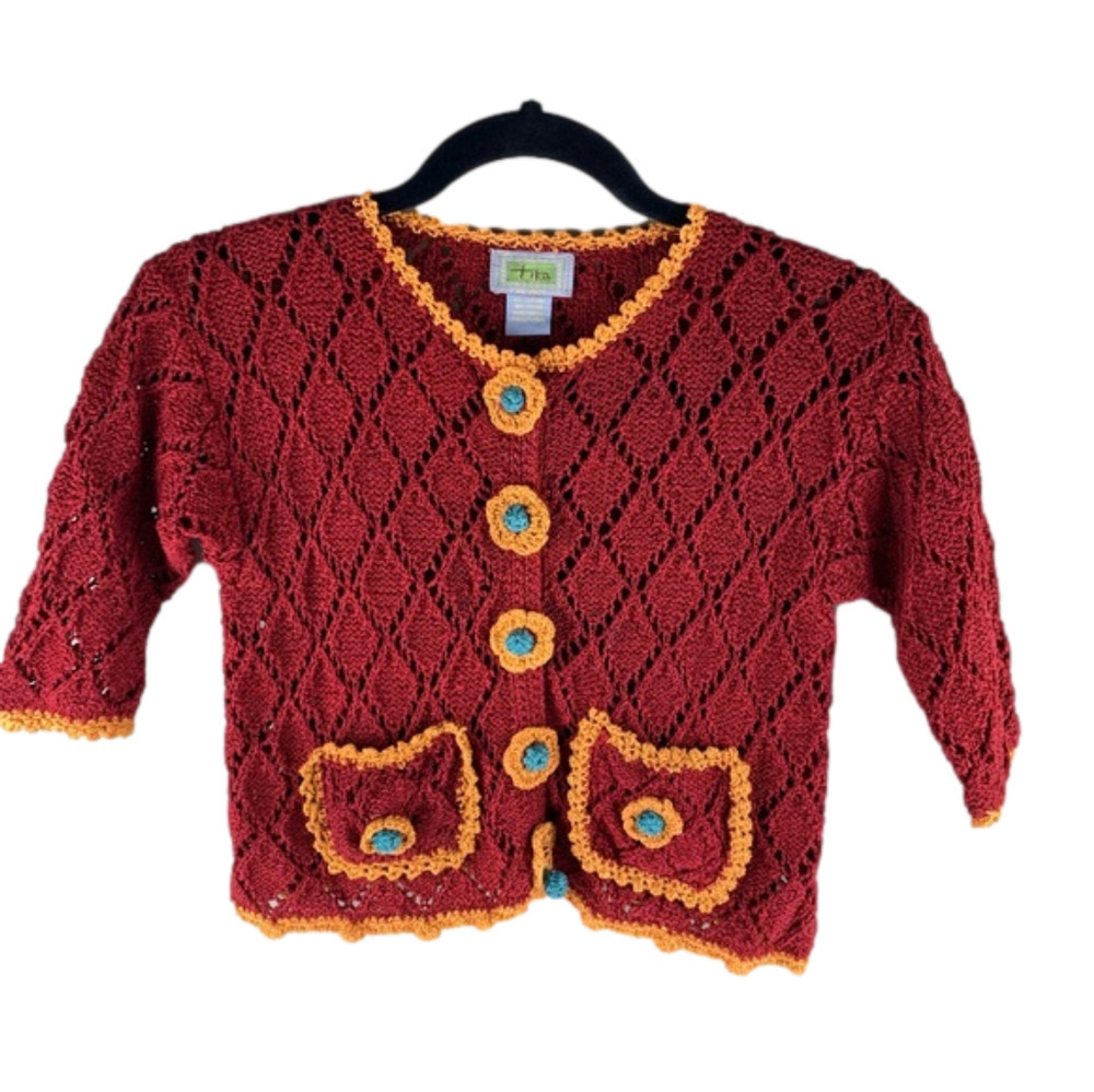 TIKA Red Crocheted Button Up Cardigan